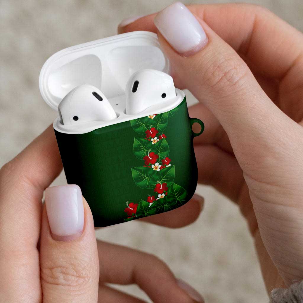 Hawaiian Taro Leaves-Hibiscus and Plumeria AirPods Case Polynesian Art-Kakau Tattoo Green