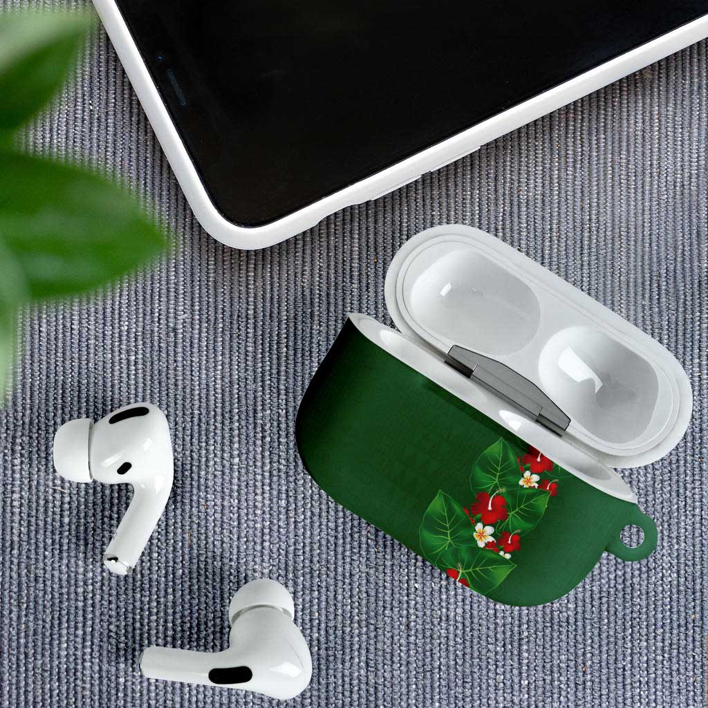 Hawaiian Taro Leaves-Hibiscus and Plumeria AirPods Case Polynesian Art-Kakau Tattoo Green