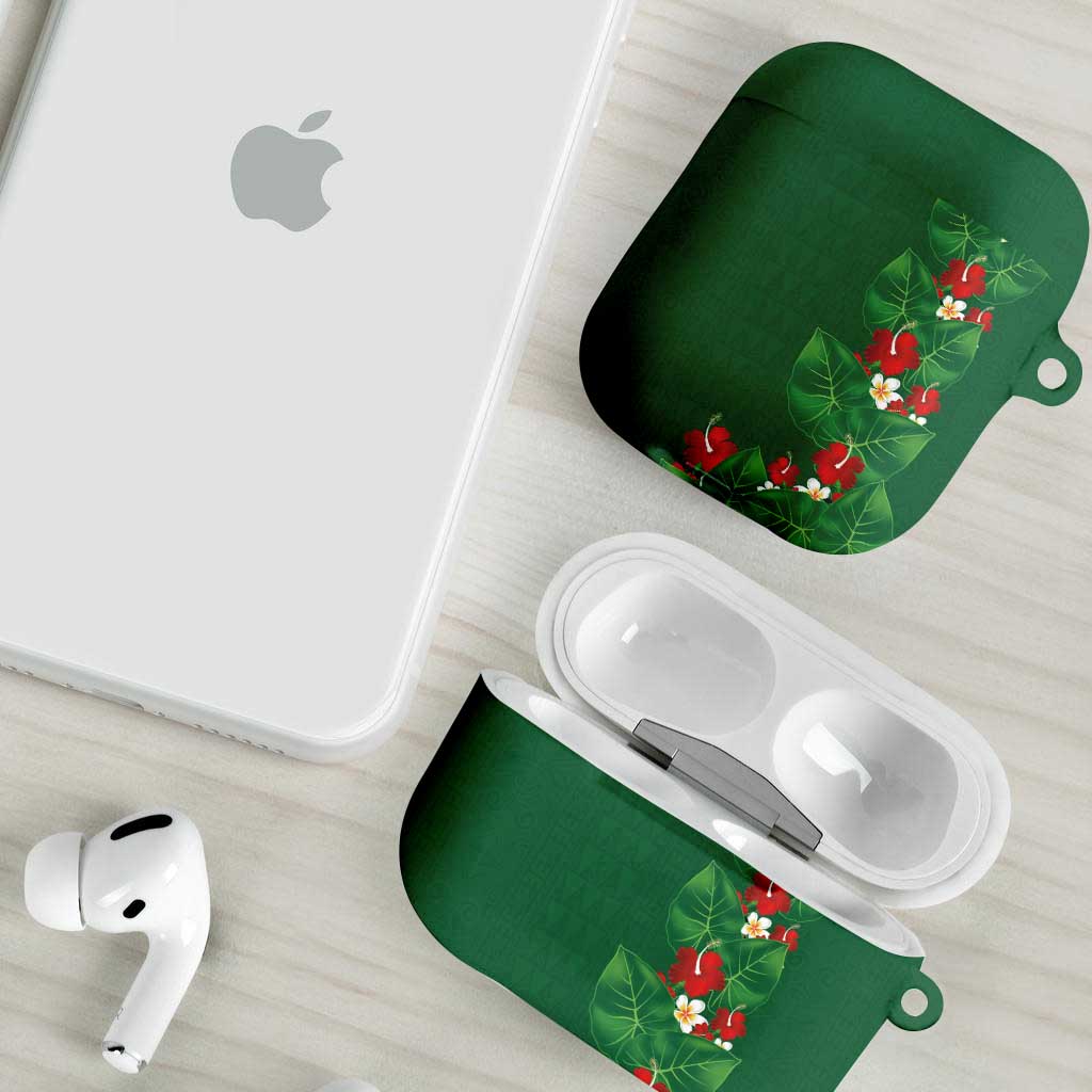 Hawaiian Taro Leaves-Hibiscus and Plumeria AirPods Case Polynesian Art-Kakau Tattoo Green
