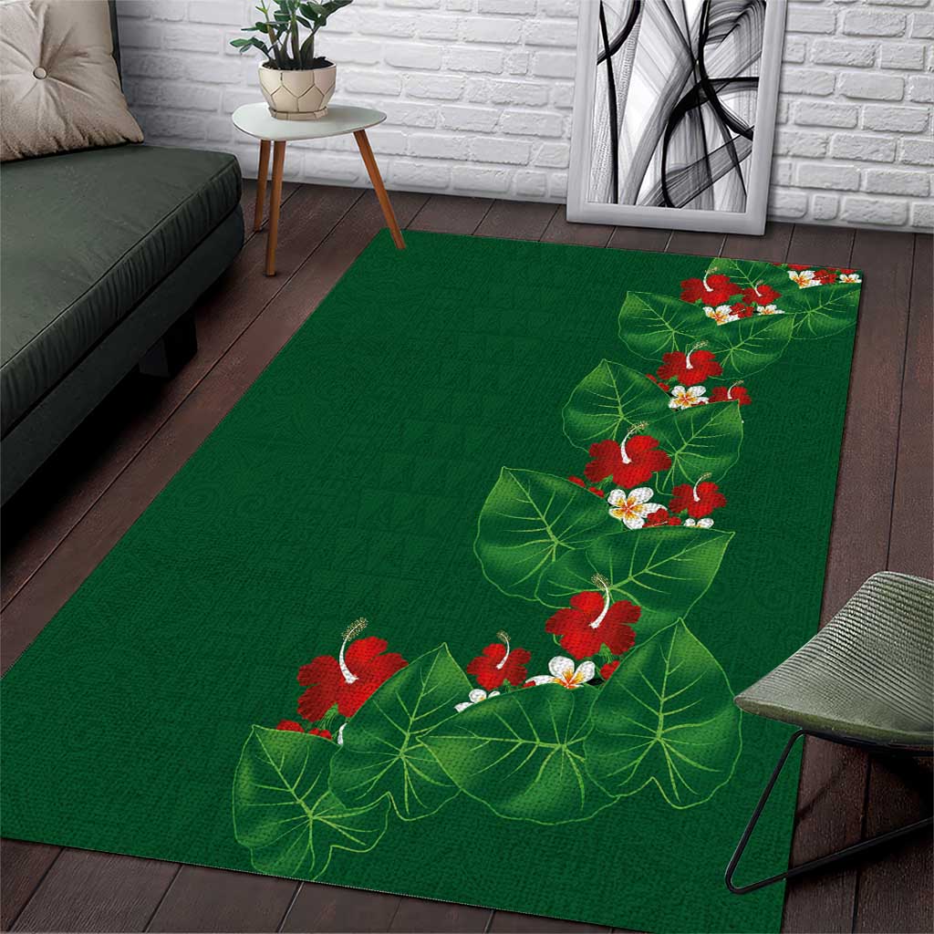 Hawaiian Taro Leaves-Hibiscus and Plumeria Area Rug Polynesian Art-Kakau Tattoo Green
