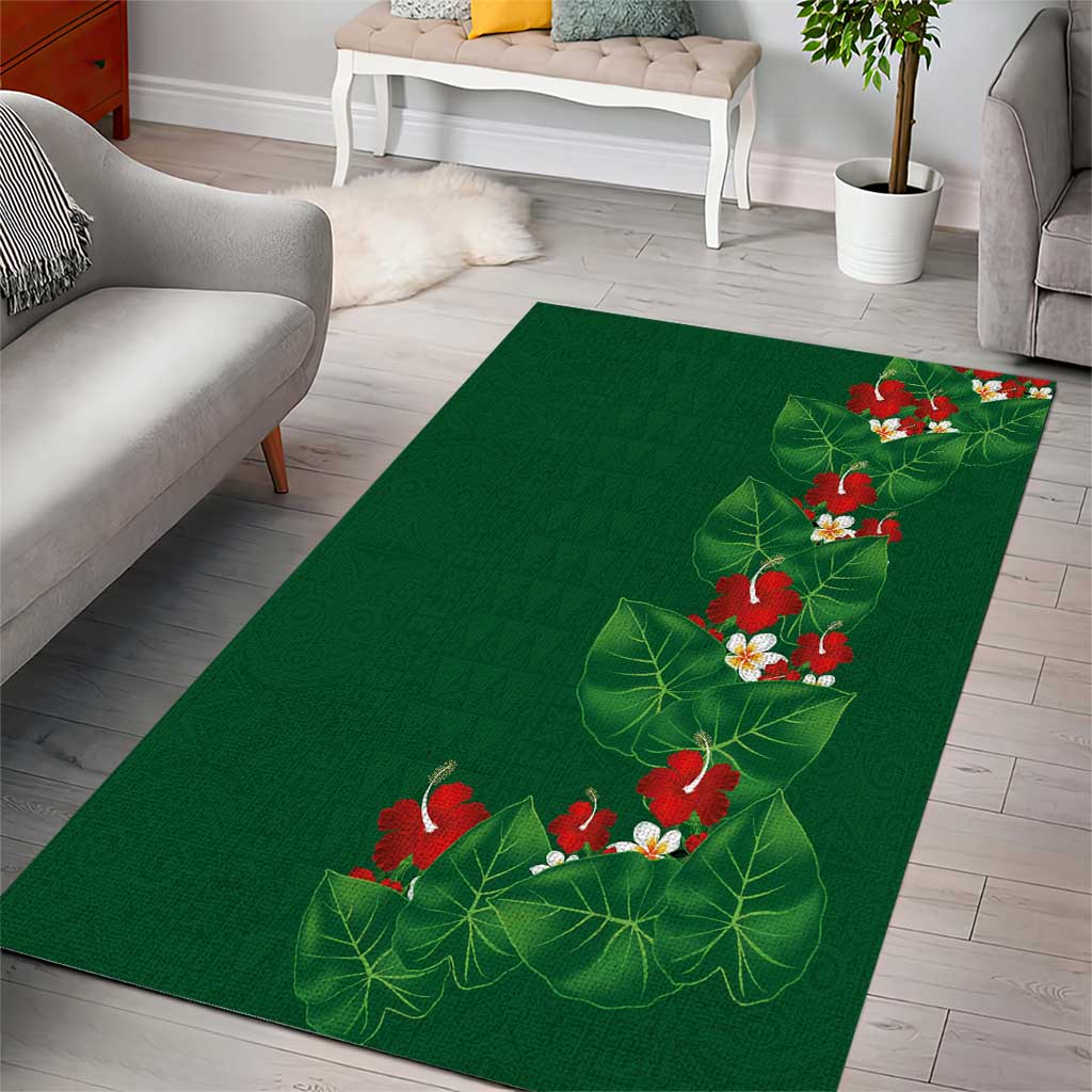 Hawaiian Taro Leaves-Hibiscus and Plumeria Area Rug Polynesian Art-Kakau Tattoo Green