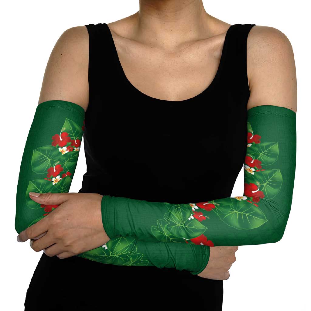 Hawaiian Taro Leaves-Hibiscus and Plumeria Arm Sleeves Polynesian Art-Kakau Tattoo Green