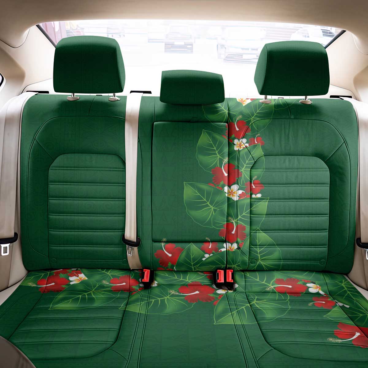 Hawaiian Taro Leaves-Hibiscus and Plumeria Back Car Seat Cover Polynesian Art-Kakau Tattoo Green