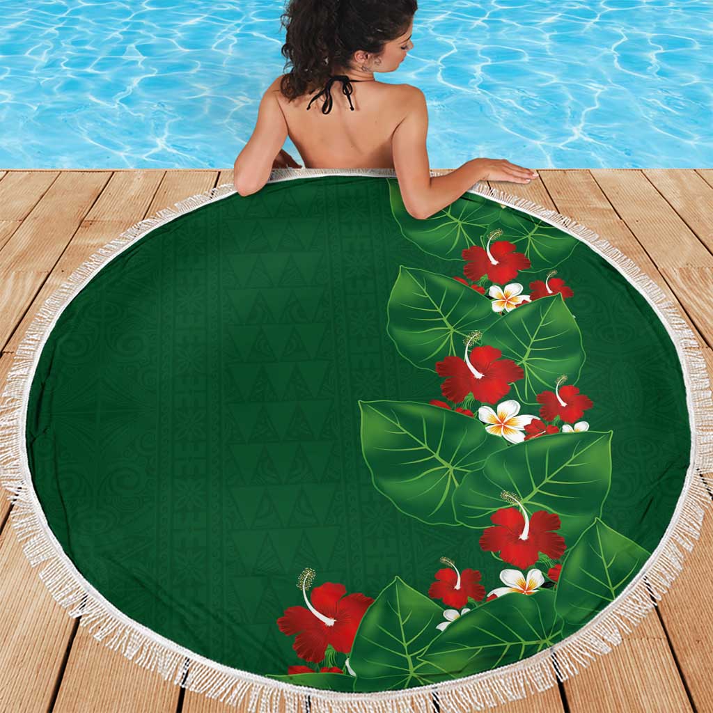 Hawaiian Taro Leaves-Hibiscus and Plumeria Beach Blanket Polynesian Art-Kakau Tattoo Green