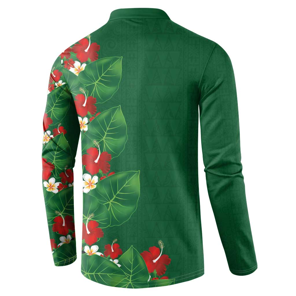 Hawaiian Taro Leaves-Hibiscus and Plumeria Button Sweatshirt Polynesian Art-Kakau Tattoo Green LT03 - Polynesian Pride