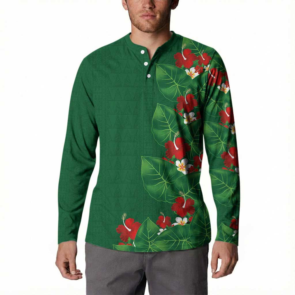 Hawaiian Taro Leaves-Hibiscus and Plumeria Button Sweatshirt Polynesian Art-Kakau Tattoo Green LT03 - Polynesian Pride