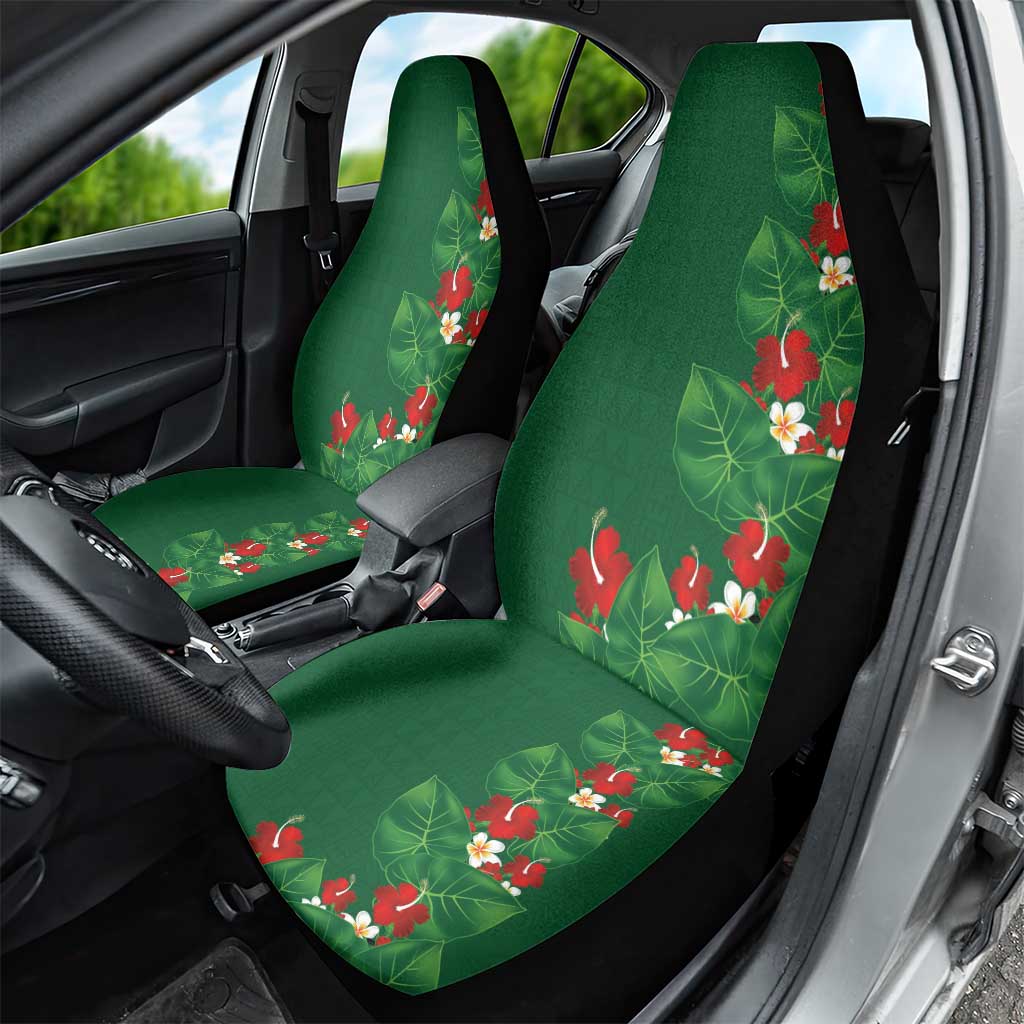 Hawaiian Taro Leaves-Hibiscus and Plumeria Car Seat Cover Polynesian Art-Kakau Tattoo Green