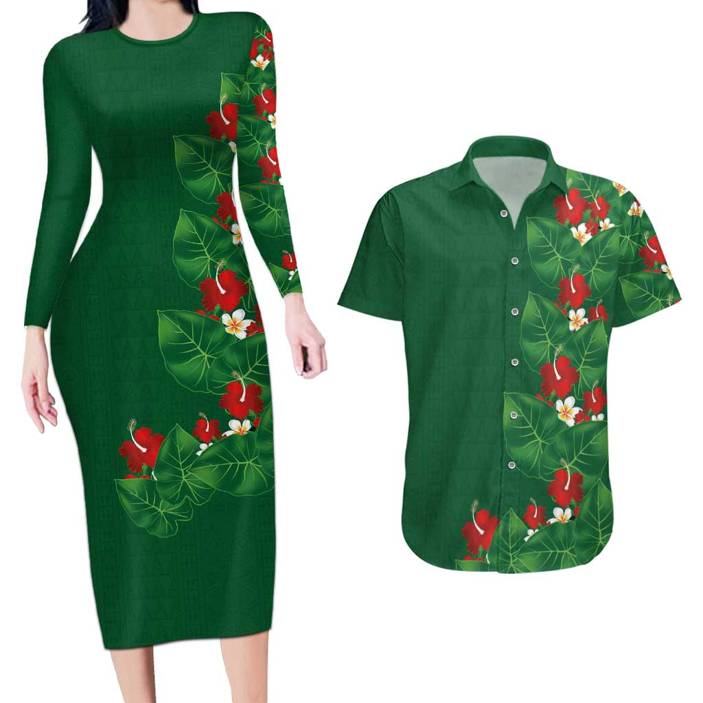 Hawaiian Taro Leaves-Hibiscus and Plumeria Couples Matching Long Sleeve Bodycon Dress and Hawaiian Shirt Polynesian Art-Kakau Tattoo Green