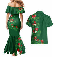 Hawaiian Taro Leaves-Hibiscus and Plumeria Couples Matching Mermaid Dress and Hawaiian Shirt Polynesian Art-Kakau Tattoo Green