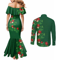 Hawaiian Taro Leaves-Hibiscus and Plumeria Couples Matching Mermaid Dress and Long Sleeve Button Shirt Polynesian Art-Kakau Tattoo Green