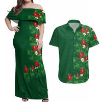 Hawaiian Taro Leaves-Hibiscus and Plumeria Couples Matching Off Shoulder Maxi Dress and Hawaiian Shirt Polynesian Art-Kakau Tattoo Green