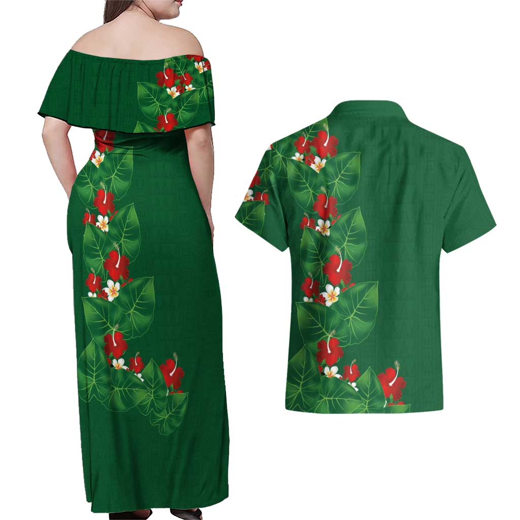 Hawaiian Taro Leaves-Hibiscus and Plumeria Couples Matching Off Shoulder Maxi Dress and Hawaiian Shirt Polynesian Art-Kakau Tattoo Green