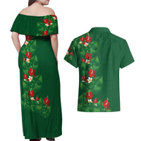 Hawaiian Taro Leaves-Hibiscus and Plumeria Couples Matching Off Shoulder Maxi Dress and Hawaiian Shirt Polynesian Art-Kakau Tattoo Green