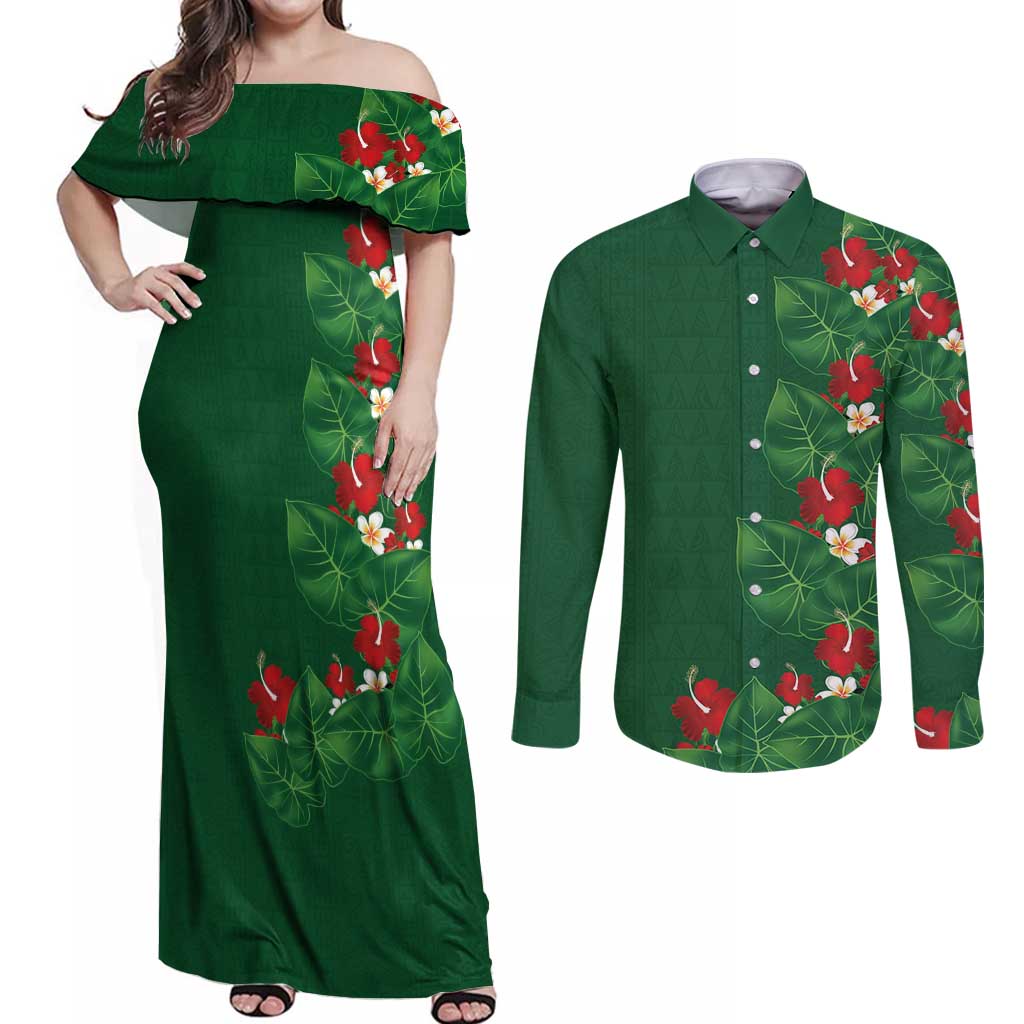 Hawaiian Taro Leaves-Hibiscus and Plumeria Couples Matching Off Shoulder Maxi Dress and Long Sleeve Button Shirt Polynesian Art-Kakau Tattoo Green