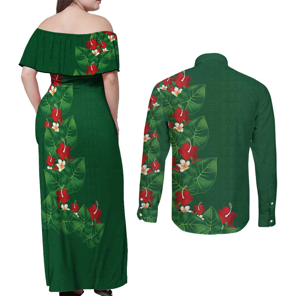 Hawaiian Taro Leaves-Hibiscus and Plumeria Couples Matching Off Shoulder Maxi Dress and Long Sleeve Button Shirt Polynesian Art-Kakau Tattoo Green