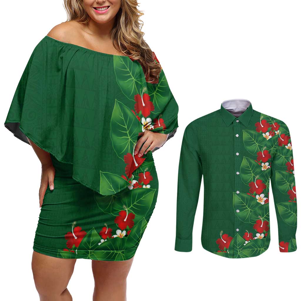 Hawaiian Taro Leaves-Hibiscus and Plumeria Couples Matching Off Shoulder Short Dress and Long Sleeve Button Shirt Polynesian Art-Kakau Tattoo Green
