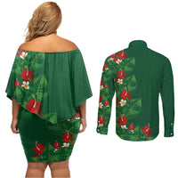 Hawaiian Taro Leaves-Hibiscus and Plumeria Couples Matching Off Shoulder Short Dress and Long Sleeve Button Shirt Polynesian Art-Kakau Tattoo Green