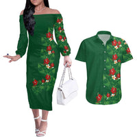 Hawaiian Taro Leaves-Hibiscus and Plumeria Couples Matching Off The Shoulder Long Sleeve Dress and Hawaiian Shirt Polynesian Art-Kakau Tattoo Green
