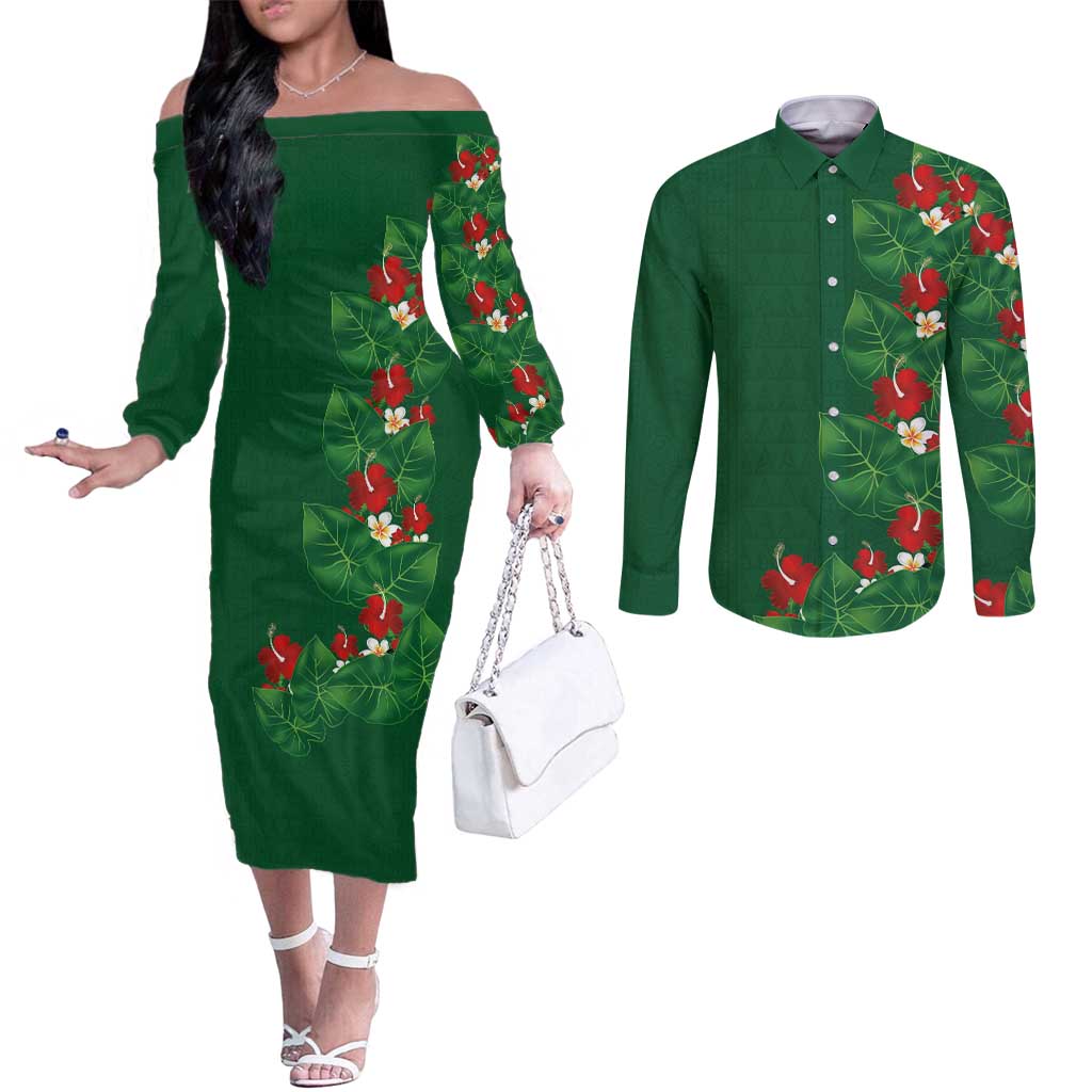 Hawaiian Taro Leaves-Hibiscus and Plumeria Couples Matching Off The Shoulder Long Sleeve Dress and Long Sleeve Button Shirt Polynesian Art-Kakau Tattoo Green