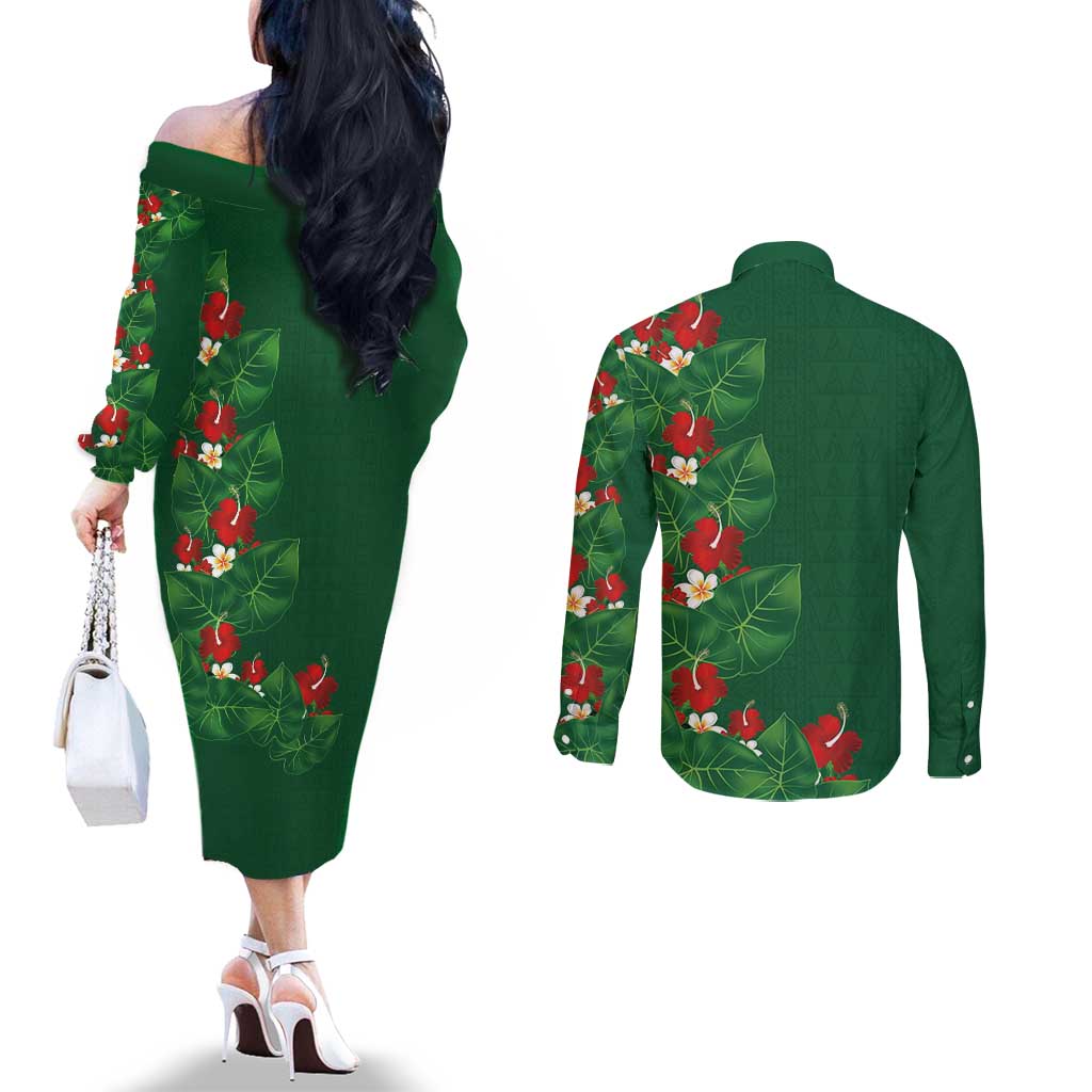 Hawaiian Taro Leaves-Hibiscus and Plumeria Couples Matching Off The Shoulder Long Sleeve Dress and Long Sleeve Button Shirt Polynesian Art-Kakau Tattoo Green