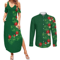 Hawaiian Taro Leaves-Hibiscus and Plumeria Couples Matching Summer Maxi Dress and Long Sleeve Button Shirt Polynesian Art-Kakau Tattoo Green
