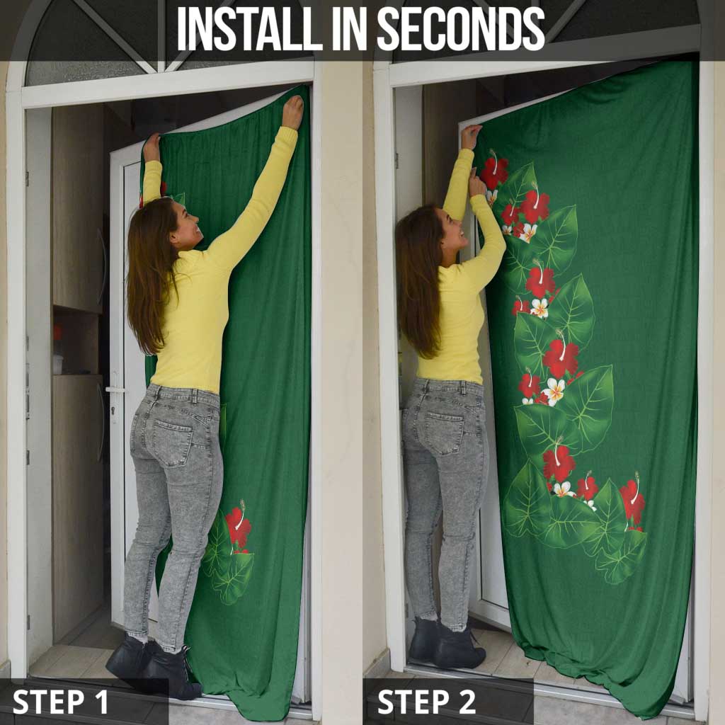 Hawaiian Taro Leaves-Hibiscus and Plumeria Door Cover Polynesian Art-Kakau Tattoo Green