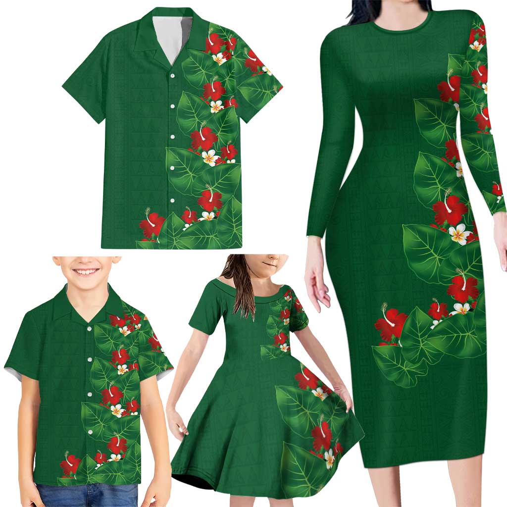 Hawaiian Taro Leaves-Hibiscus and Plumeria Family Matching Long Sleeve Bodycon Dress and Hawaiian Shirt Polynesian Art-Kakau Tattoo Green