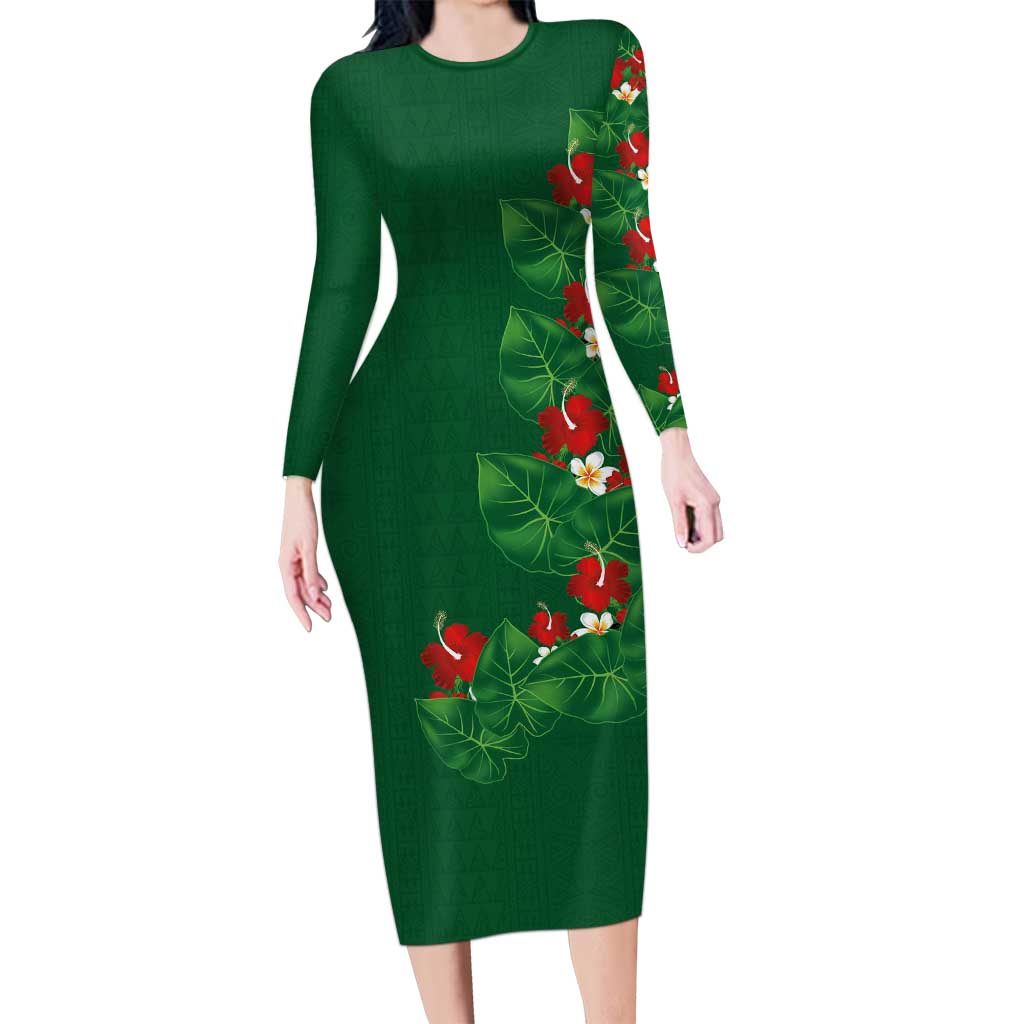 Hawaiian Taro Leaves-Hibiscus and Plumeria Family Matching Long Sleeve Bodycon Dress and Hawaiian Shirt Polynesian Art-Kakau Tattoo Green