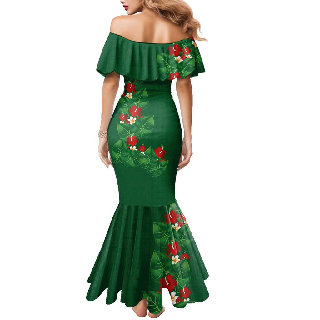 Hawaiian Taro Leaves-Hibiscus and Plumeria Family Matching Mermaid Dress and Hawaiian Shirt Polynesian Art-Kakau Tattoo Green