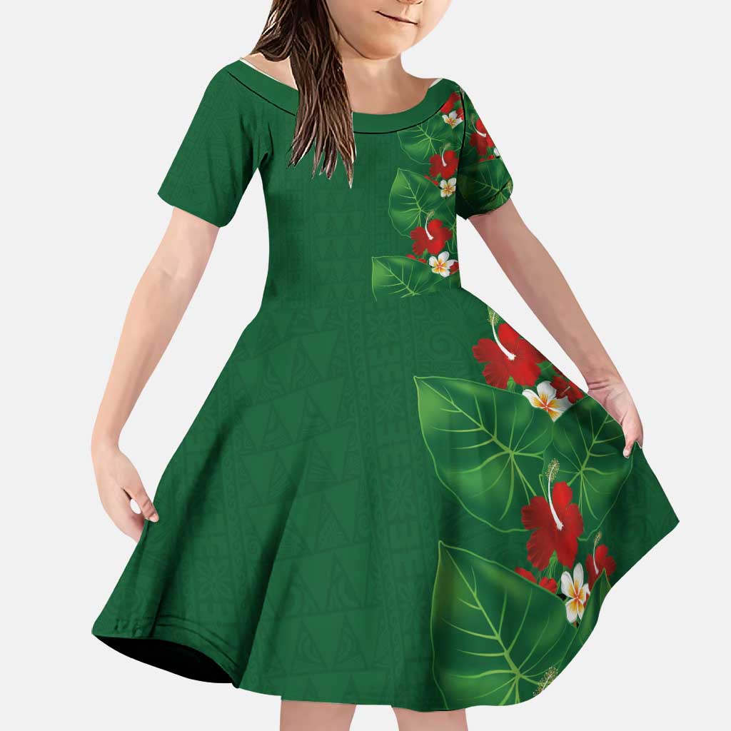 Hawaiian Taro Leaves-Hibiscus and Plumeria Family Matching Off The Shoulder Long Sleeve Dress and Hawaiian Shirt Polynesian Art-Kakau Tattoo Green