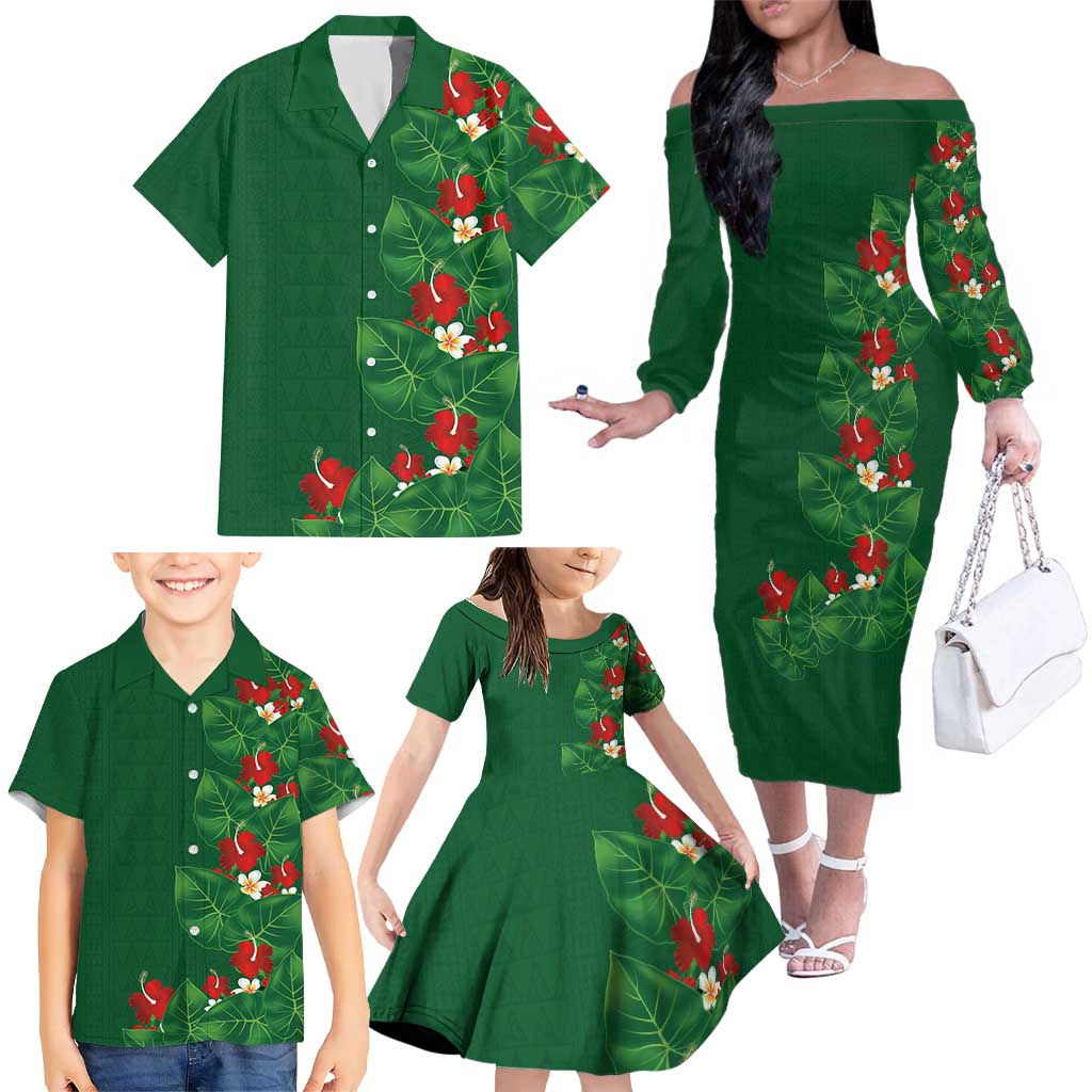 Hawaiian Taro Leaves-Hibiscus and Plumeria Family Matching Off The Shoulder Long Sleeve Dress and Hawaiian Shirt Polynesian Art-Kakau Tattoo Green