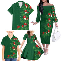 Hawaiian Taro Leaves-Hibiscus and Plumeria Family Matching Off The Shoulder Long Sleeve Dress and Hawaiian Shirt Polynesian Art-Kakau Tattoo Green
