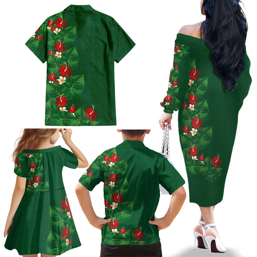 Hawaiian Taro Leaves-Hibiscus and Plumeria Family Matching Off The Shoulder Long Sleeve Dress and Hawaiian Shirt Polynesian Art-Kakau Tattoo Green