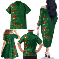 Hawaiian Taro Leaves-Hibiscus and Plumeria Family Matching Off The Shoulder Long Sleeve Dress and Hawaiian Shirt Polynesian Art-Kakau Tattoo Green