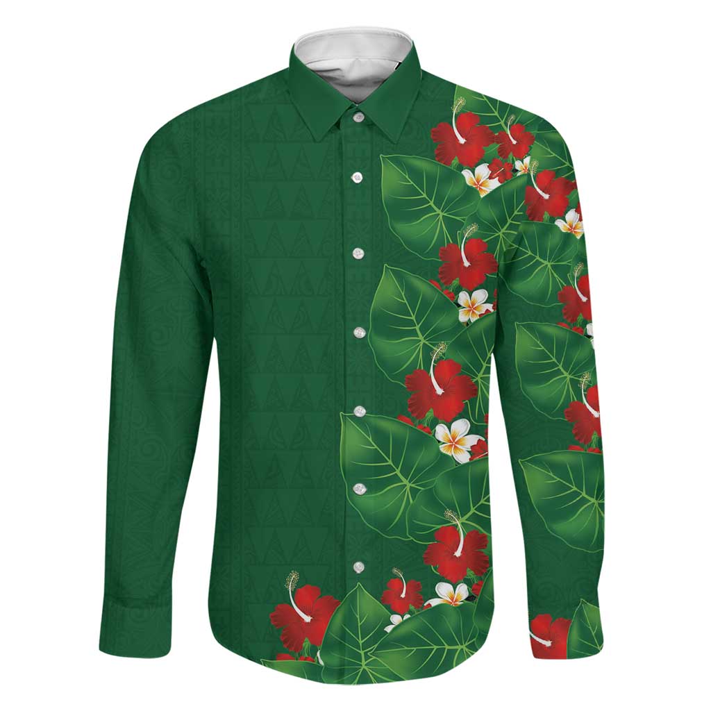 Hawaiian Taro Leaves-Hibiscus and Plumeria Family Matching Off The Shoulder Long Sleeve Dress and Hawaiian Shirt Polynesian Art-Kakau Tattoo Green