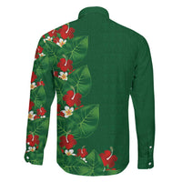 Hawaiian Taro Leaves-Hibiscus and Plumeria Family Matching Off The Shoulder Long Sleeve Dress and Hawaiian Shirt Polynesian Art-Kakau Tattoo Green