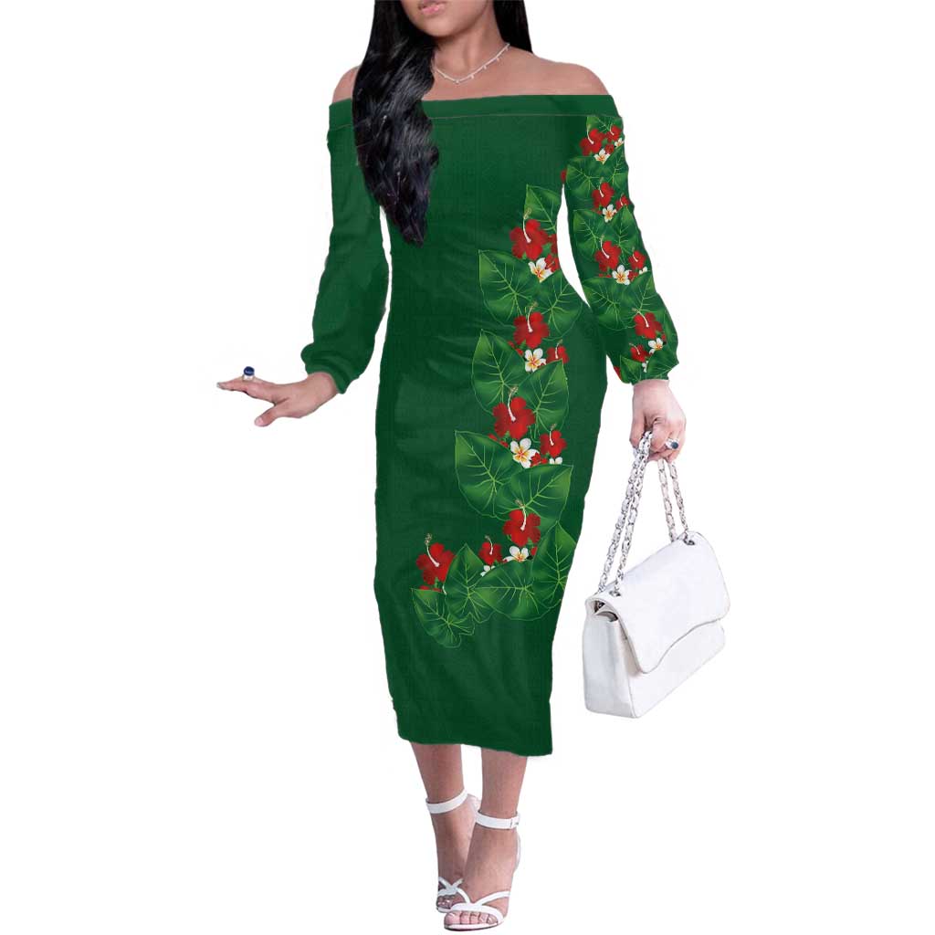 Hawaiian Taro Leaves-Hibiscus and Plumeria Family Matching Off The Shoulder Long Sleeve Dress and Hawaiian Shirt Polynesian Art-Kakau Tattoo Green