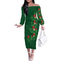 Hawaiian Taro Leaves-Hibiscus and Plumeria Family Matching Off The Shoulder Long Sleeve Dress and Hawaiian Shirt Polynesian Art-Kakau Tattoo Green