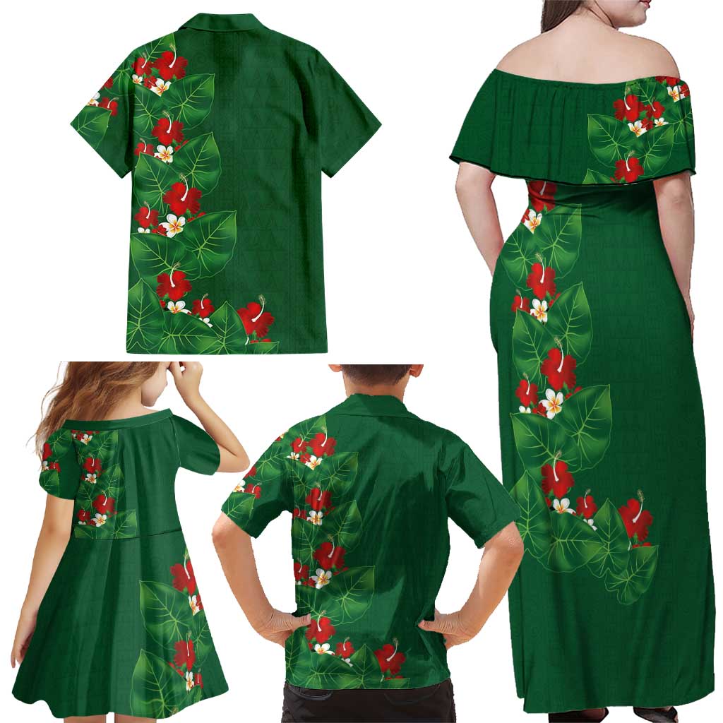 Hawaiian Taro Leaves-Hibiscus and Plumeria Family Matching Off Shoulder Maxi Dress and Hawaiian Shirt Polynesian Art-Kakau Tattoo Green