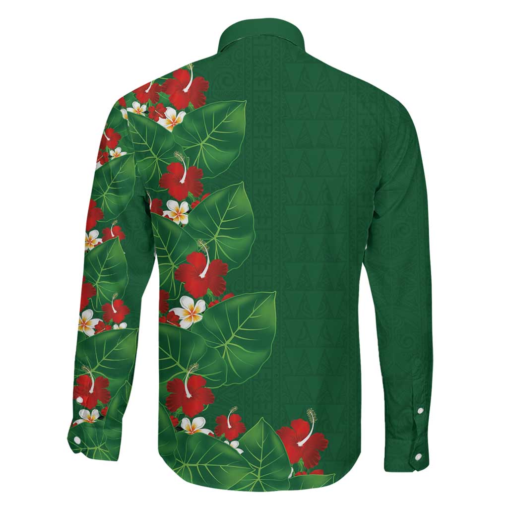 Hawaiian Taro Leaves-Hibiscus and Plumeria Family Matching Off Shoulder Maxi Dress and Hawaiian Shirt Polynesian Art-Kakau Tattoo Green