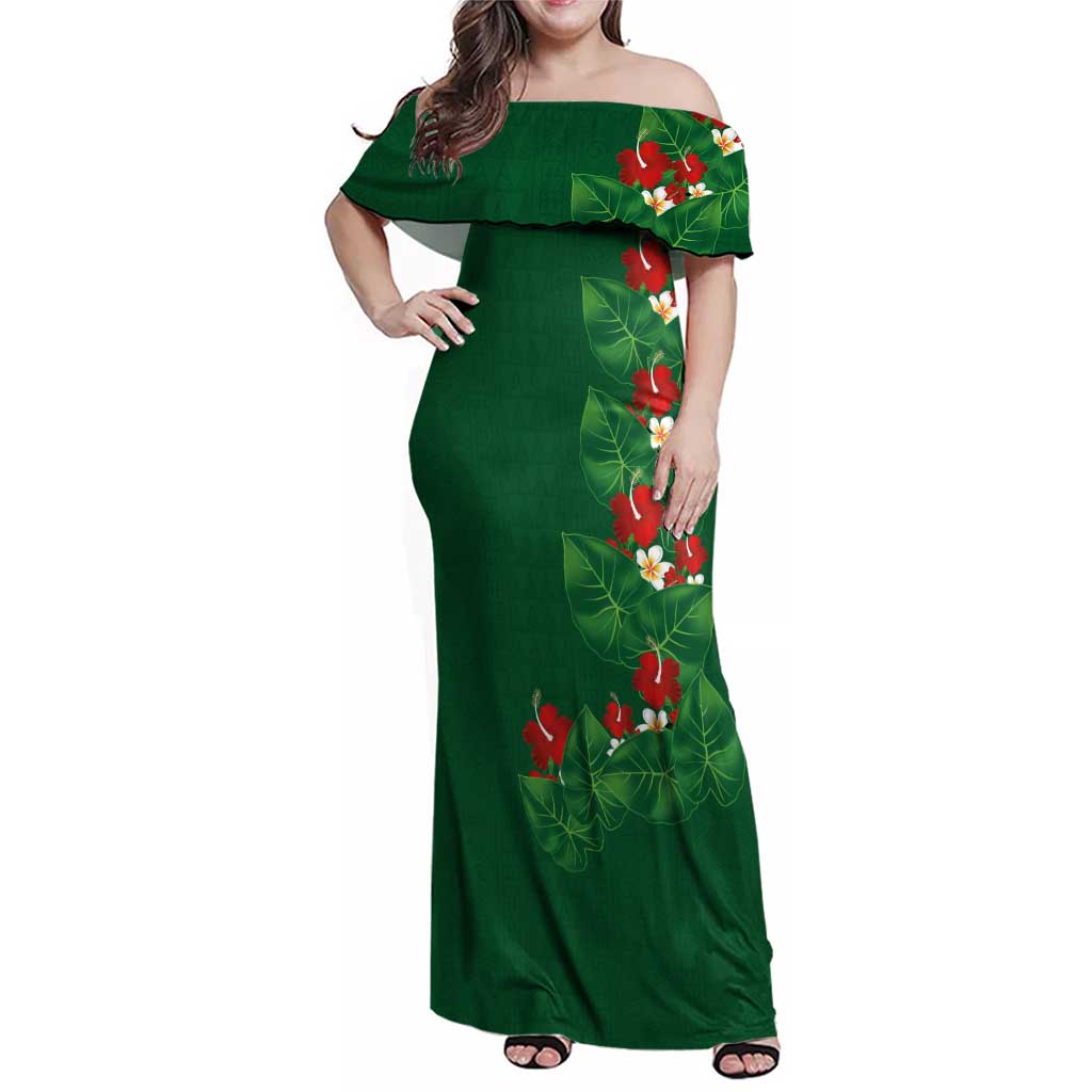 Hawaiian Taro Leaves-Hibiscus and Plumeria Family Matching Off Shoulder Maxi Dress and Hawaiian Shirt Polynesian Art-Kakau Tattoo Green