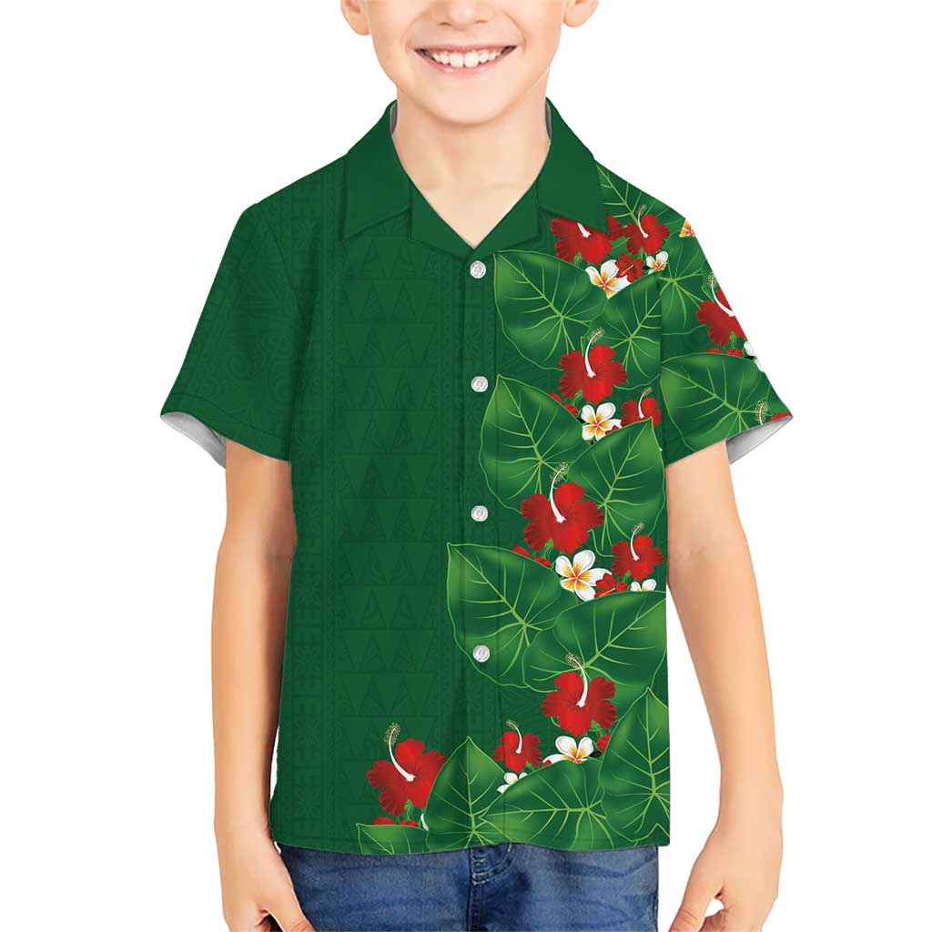 Hawaiian Taro Leaves-Hibiscus and Plumeria Family Matching Off Shoulder Maxi Dress and Hawaiian Shirt Polynesian Art-Kakau Tattoo Green