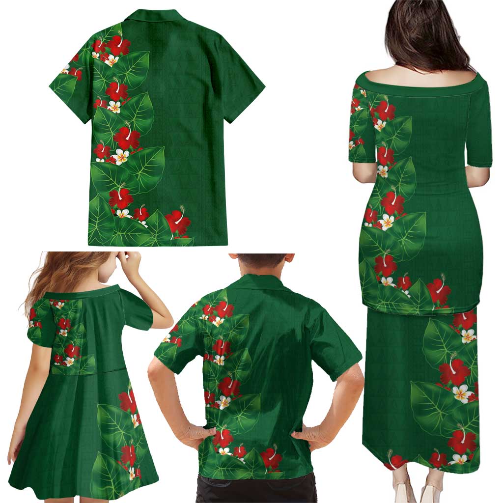 Hawaiian Taro Leaves-Hibiscus and Plumeria Family Matching Puletasi and Hawaiian Shirt Polynesian Art-Kakau Tattoo Green