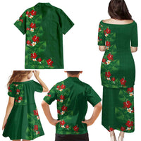Hawaiian Taro Leaves-Hibiscus and Plumeria Family Matching Puletasi and Hawaiian Shirt Polynesian Art-Kakau Tattoo Green