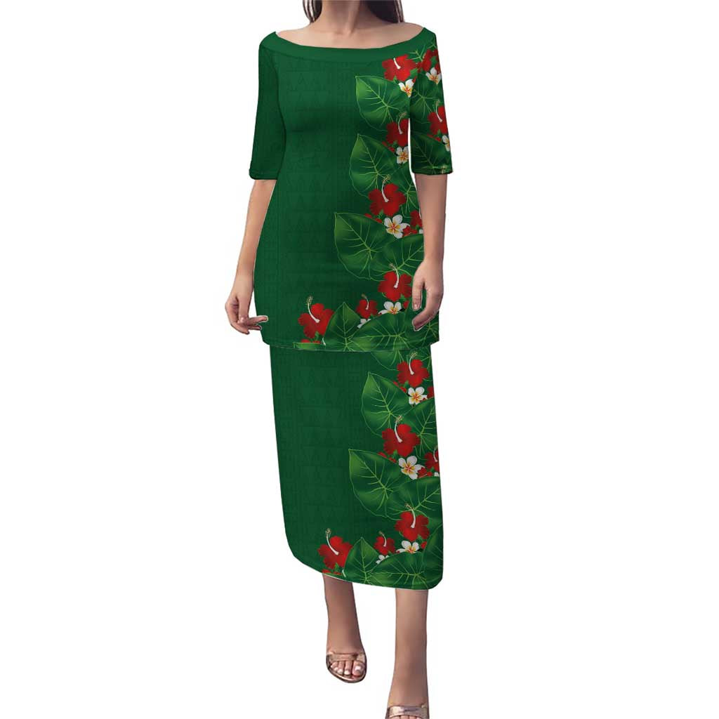 Hawaiian Taro Leaves-Hibiscus and Plumeria Family Matching Puletasi and Hawaiian Shirt Polynesian Art-Kakau Tattoo Green