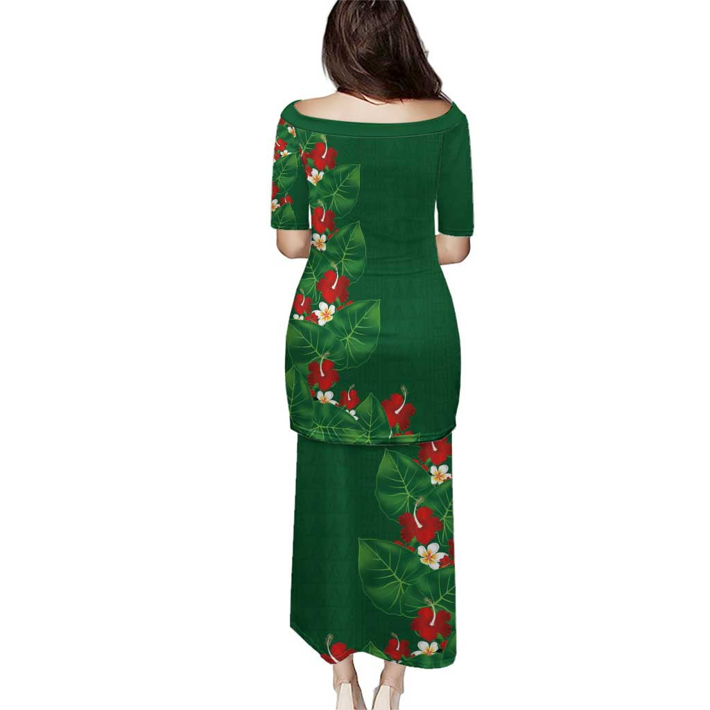 Hawaiian Taro Leaves-Hibiscus and Plumeria Family Matching Puletasi and Hawaiian Shirt Polynesian Art-Kakau Tattoo Green
