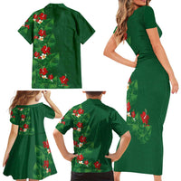 Hawaiian Taro Leaves-Hibiscus and Plumeria Family Matching Short Sleeve Bodycon Dress and Hawaiian Shirt Polynesian Art-Kakau Tattoo Green