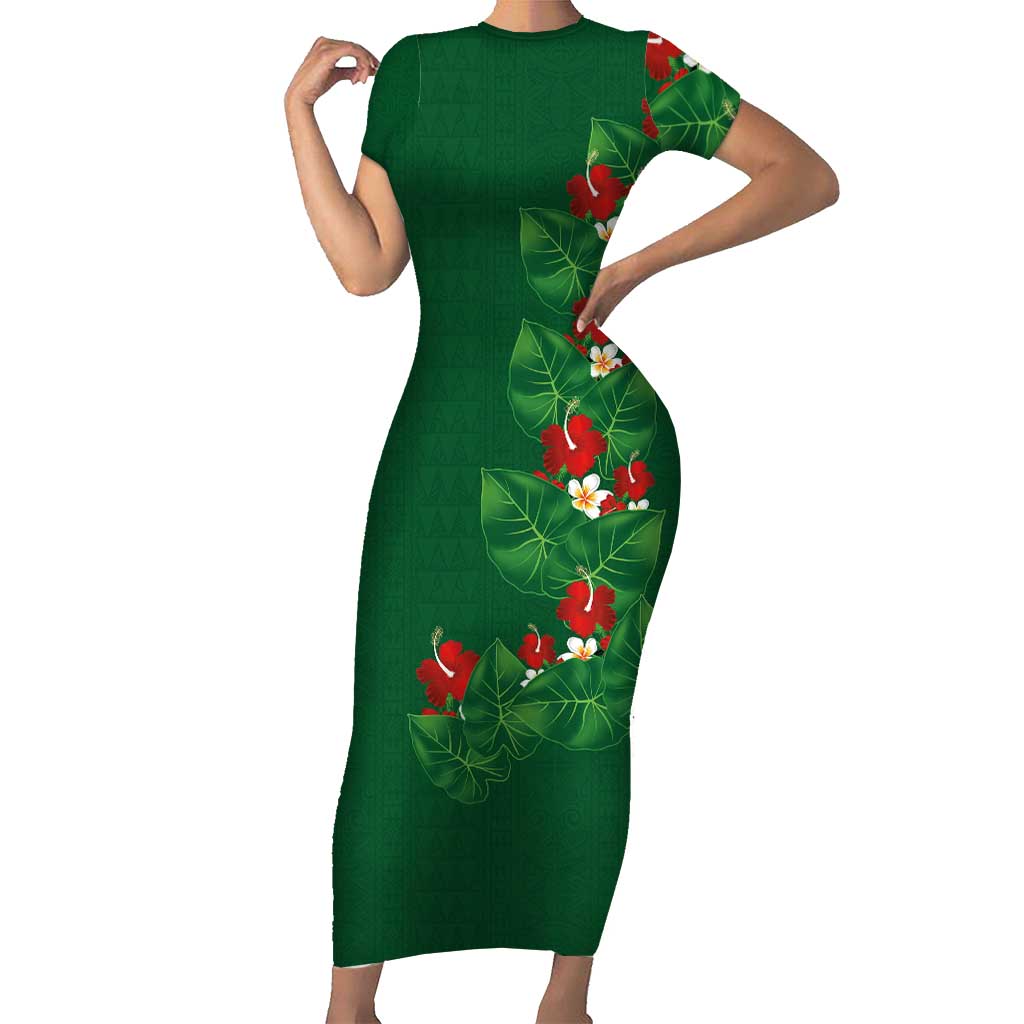 Hawaiian Taro Leaves-Hibiscus and Plumeria Family Matching Short Sleeve Bodycon Dress and Hawaiian Shirt Polynesian Art-Kakau Tattoo Green
