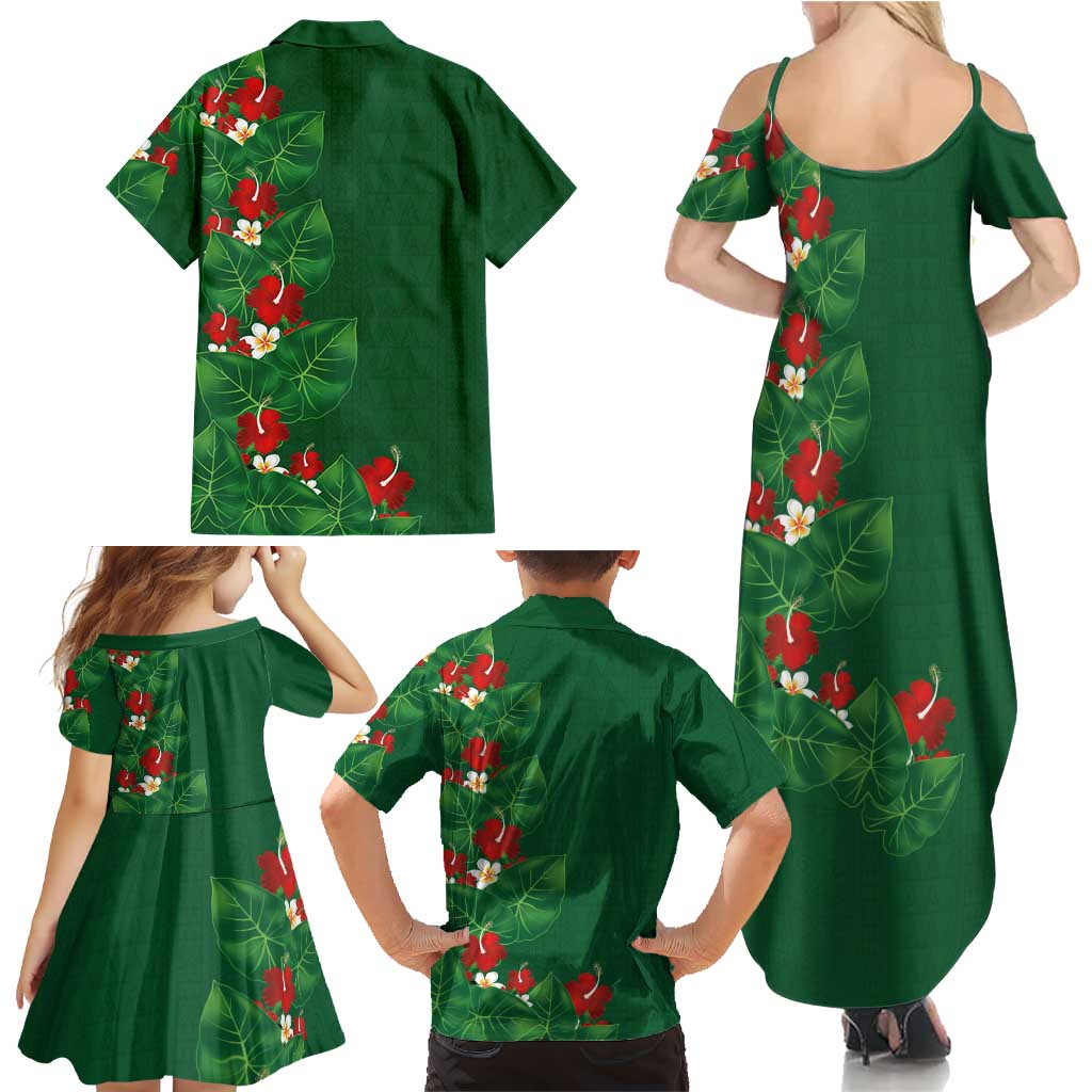 Hawaiian Taro Leaves-Hibiscus and Plumeria Family Matching Summer Maxi Dress and Hawaiian Shirt Polynesian Art-Kakau Tattoo Green