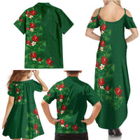 Hawaiian Taro Leaves-Hibiscus and Plumeria Family Matching Summer Maxi Dress and Hawaiian Shirt Polynesian Art-Kakau Tattoo Green